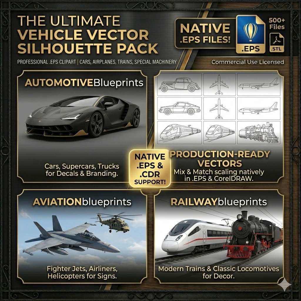 Ultimate Vehicle Vector Silhouette Pack - 100+ EPS Files | Cars, Airplanes, Trains, Trucks Vector Clipart for CNC, Laser Cut, Vinyl Plots