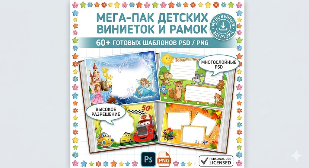Мега-пак детских рамок и виньеток: 60+ многослойных шаблонов PSD (Photoshop) и готовых PNG для выпускных альбомов и фотомонтажа